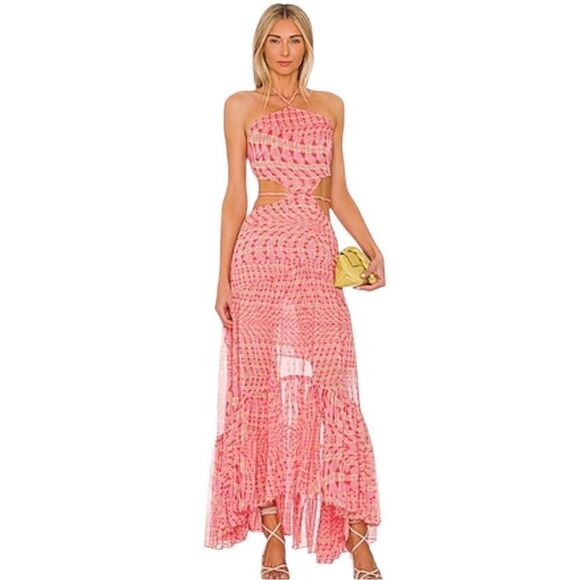 Misa Los Angeles Dalia Pink Green Cut out Halter Maxi Dress | Size L - Picture 1 of 11